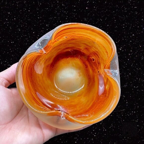 Vintage Czech Bohemian Glass Ashtray 1950s Hand Made Orange Bowl 5”W 2”T - Picture 9 of 16